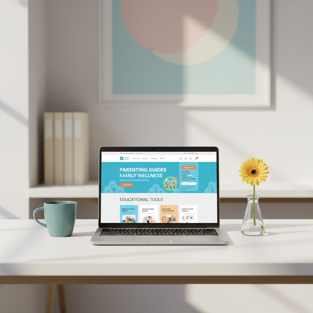 A laptop on a desk with minimal miscellaneous items, the most easily discernible being a website open on the screen advert...